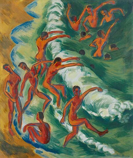Die „Brücke“ ist noch zum Greifen nah: Max Pechstein malt 1917 „Badende Knaben in der Brandung“ und erinnert dabei auch an Cézanne.