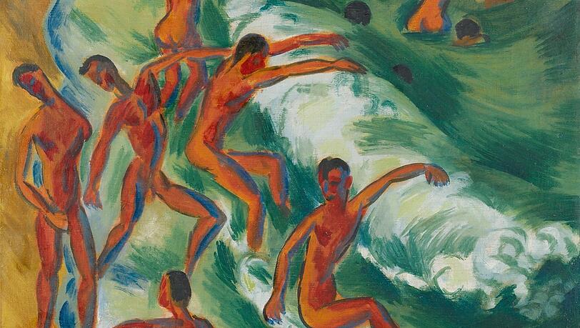 Die „Brücke“ ist noch zum Greifen nah: Max Pechstein malt 1917 „Badende Knaben in der Brandung“ und erinnert dabei auch an Cézanne.
