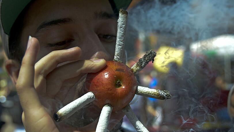 Ein junger Mann zieht ein paar Joints durch und zwar durch einen Apfel! Fotografiert auf einer Demo zu Legalisierung von Marihuana in Kolumbien. Ein junger Mann zieht ein paar Joints durch und zwar durch einen Apfel! Fotografiert auf einer Demo zu Legalisierung von Marihuana in Kolumbien.