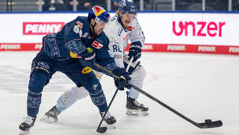 Kompromisslos in den Zweikampf: EHC-Verteidiger Fabio Wagner (l.), hier gegen Straubings Wade Allison. Kompromisslos in den Zweikampf: EHC-Verteidiger Fabio Wagner (l.), hier gegen Straubings Wade Allison.