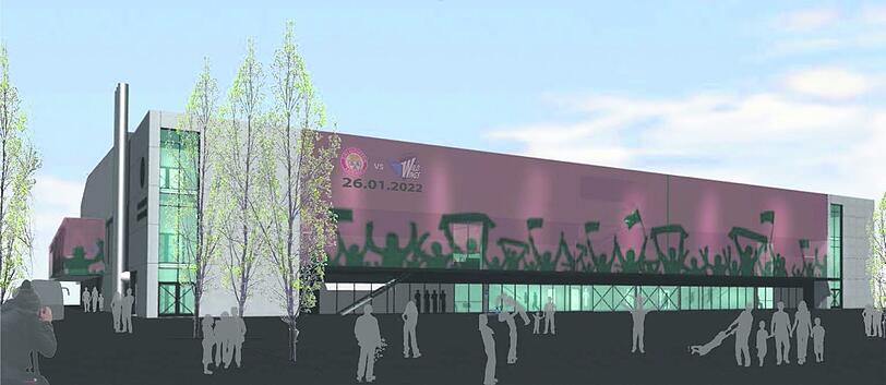 So soll die Fassade des Eisstadions künftig aussehen: Die textile Fassade soll schemenhaft jubelnde Fans zeigen und an Spieltagen in den EVL-Farben angestrahlt werden. Insgesamt ist das Banner auf der Ostseite des Eisstadions sieben Meter hoch und 52 Meter lang.