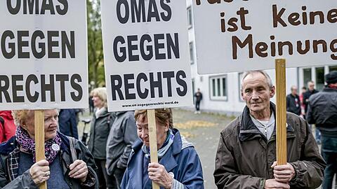 "Omas gegen Rechts" und "Faschismus ist keine Meinung": Teilnehmer einer Demonstration in Hamburg halten Schilder in die Höhe.