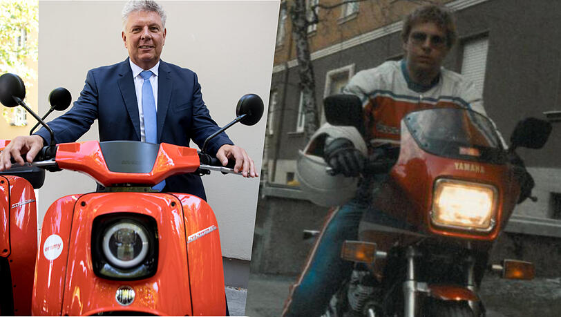 Dieter Reiter mit einem Elektro-Roller 2017 (linkes Bild) und als junger Mann auf seiner Maschine. Dieter Reiter mit einem Elektro-Roller 2017 (linkes Bild) und als junger Mann auf seiner Maschine.