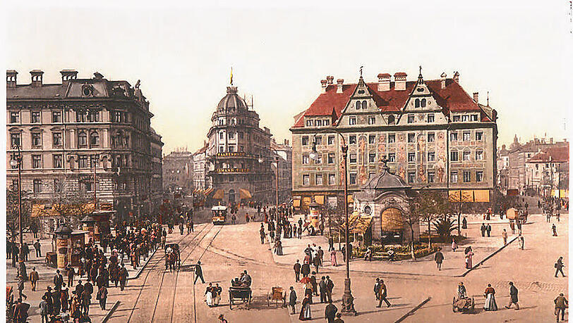 Der Stachus einst: 1862 wurde das Vorderhaus zum damaligen Hotel Bellevue umgebaut. Erst seit 1914 heißt es Königshof. Der Stachus einst: 1862 wurde das Vorderhaus zum damaligen Hotel Bellevue umgebaut. Erst seit 1914 heißt es Königshof.