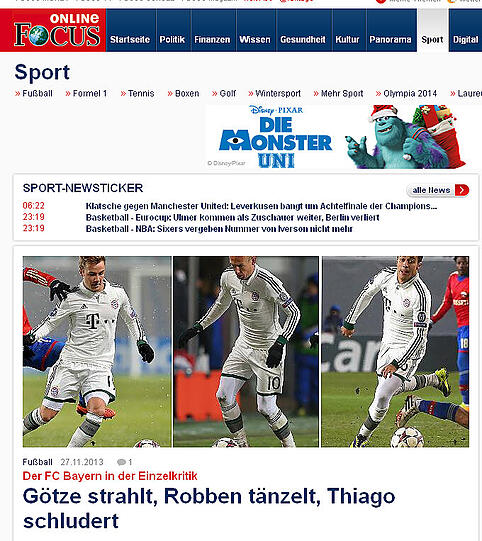 Die Einzelkritik von Focus Online: "Götze strahlt, Robben tänzelt, Thiago schludert".