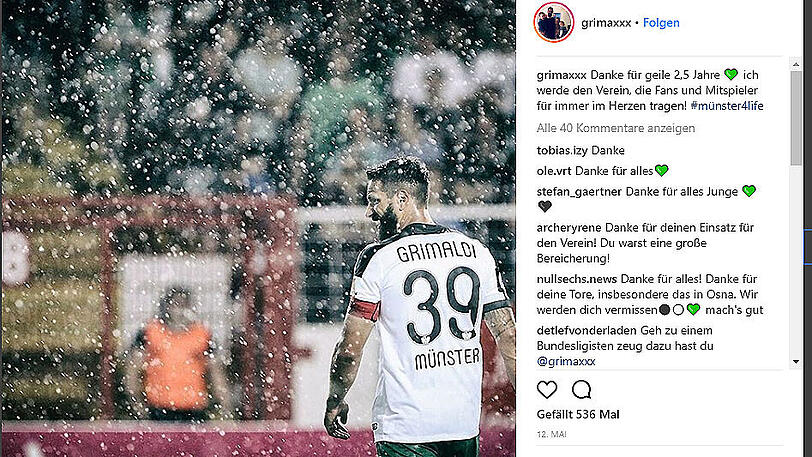 Emotionaler Abschied von Preußen Münster: Adriano Grimaldi bei Instagram.