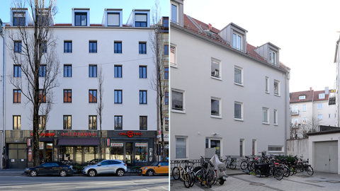 Das angekaufte Vordergebäude an der Lindwurmstraße (links) und das Rückgebäude mit Garage.