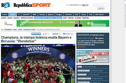 Und noch ein Blick nach Italien: "Champion geworden, preist die deutsche Presse Bayern und Dortmund: 'Wunderbar'", titelt "La Repubblica".