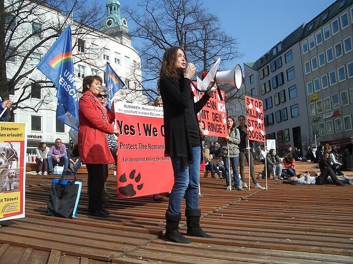 Um die 150 Tierfreunde waren am Rindermarkt, um mit Plakaten, Flyern, Bannern und Gesprächen über die Streunerproblematik und die grausamen Tötungen der Hunde in Rumänien aufzuklären.