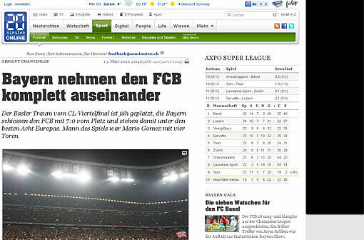 20 Minuten (Schweiz): "Basel absolut chancenlos. Bayern nehmen den FCB komplett auseinander. Eine schmerzhafte Lektion für den Schweizer Meister."