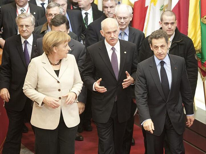 Bundeskanzlerin Angela Merkel, Griechenlands Ministerpräsident George A. Papandreou und der französische Staatschef Nicolas Sarkozy
