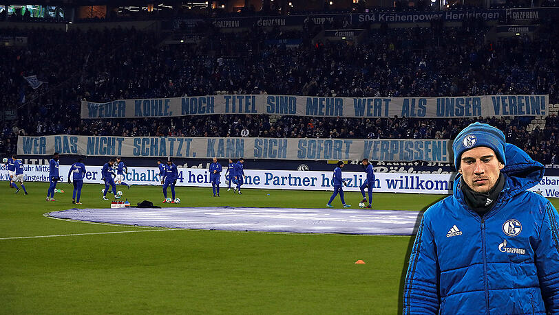 Plakat der Schalker Fans am Sonntagabend in Richtung Goretzka, der im Sommer zum FC Bayern wechselt. "Weder Kohle noch Titel sind mehr wert als unser Verein! Wer das nicht schätzt, kann sich sofort verpissen!" Plakat der Schalker Fans am Sonntagabend in Richtung Goretzka, der im Sommer zum FC Bayern wechselt. "Weder Kohle noch Titel sind mehr wert als unser Verein! Wer das nicht schätzt, kann sich sofort verpissen!"