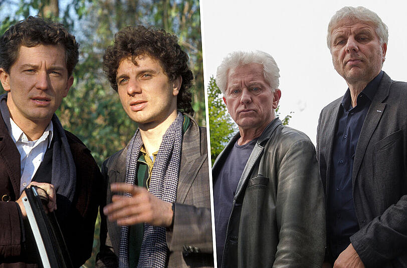 Links: Der Anfang: Miroslav Nemec (l) und Udo Wachtveitl in ihrem ersten BR-Tatort &bdquo;Animals&ldquo; (1991). Rechts: Kein bisschen dienstmüde. Die beiden Münchner Kommissare in ihrem 72. Fall &bdquo;Mia san jetz da wo&rsquo;s weh tut&ldquo; (am Sonntag in der ARD).