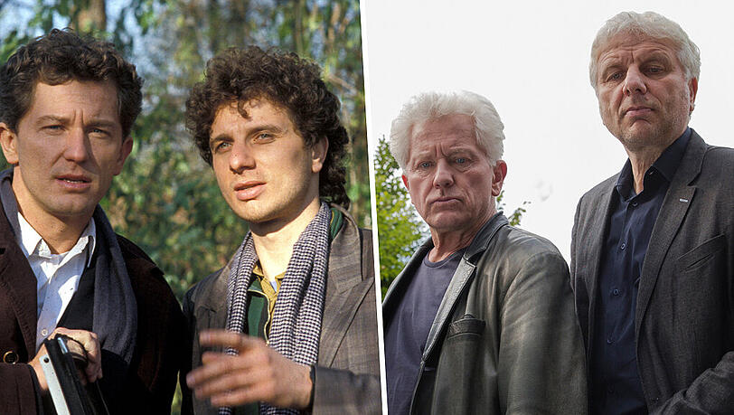 Links: Der Anfang: Miroslav Nemec (l) und Udo Wachtveitl in ihrem ersten BR-Tatort „Animals“ (1991). Rechts: Kein bisschen dienstmüde. Die beiden Münchner Kommissare in ihrem 72. Fall „Mia san jetz da wo’s weh tut“ (am Sonntag in der ARD). Links: Der Anfang: Miroslav Nemec (l) und Udo Wachtveitl in ihrem ersten BR-Tatort „Animals“ (1991). Rechts: Kein bisschen dienstmüde. Die beiden Münchner Kommissare in ihrem 72. Fall „Mia san jetz da wo’s weh tut“ (am Sonntag in der ARD).