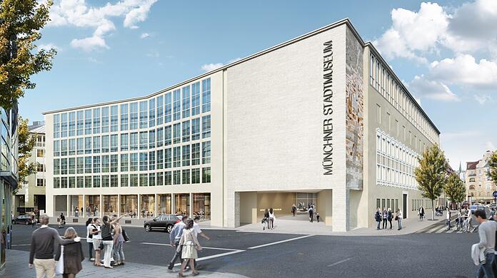 Das künftige Münchner Stadtmuseum mit seiner charakteristischen "Curtain-Wall" soll sich zum Oberanger hin öffnen. Der Durchgang führt ins Atrium und weiter auf den Sebastiansplatz.
