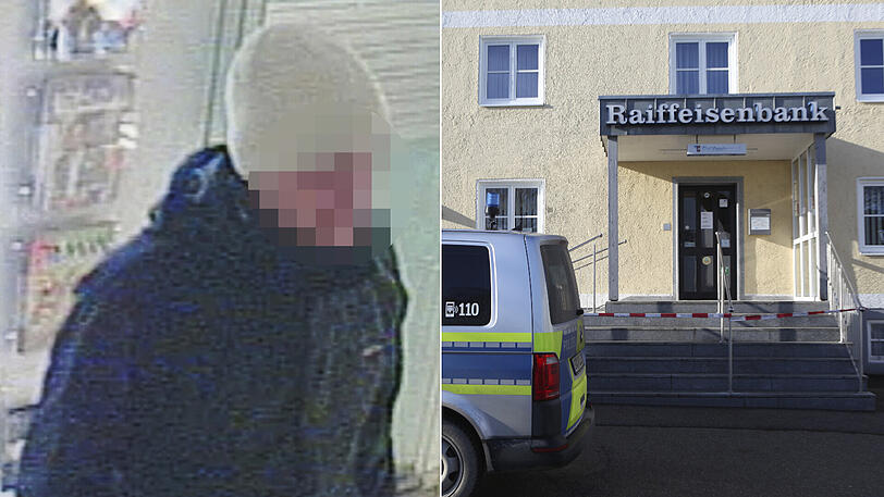 Die Polizei veröffentlichte Aufnahmen des Mannes (damals unverpixelt) einer Überwachungskamera. Der Bankraub in Obersüßbach Ende 2018 (rechts) ist dem Münchner offenbar zum Verhängnis geworden - zu viele Spuren.