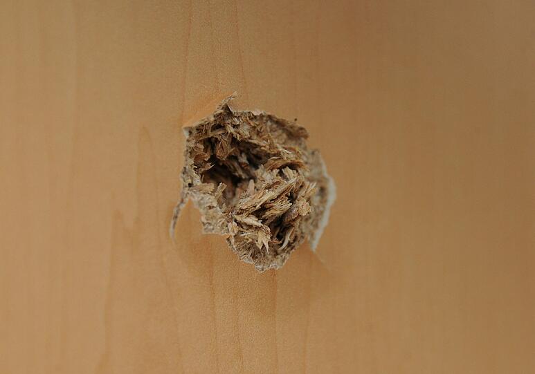 Das Einschussloch im Holz des Schranks.