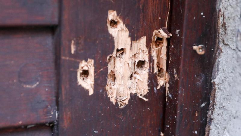 Einschusslöcher an der Synagogentür zeugen von dem Terroranschlag. Einschusslöcher an der Synagogentür zeugen von dem Terroranschlag.