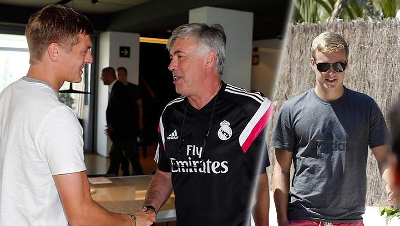 Empfang in Madrid: Real Trainer Carlo Ancelotti begrüßt Toni Kroos an seiner neuen Wirkungsstätte. Empfang in Madrid: Real Trainer Carlo Ancelotti begrüßt Toni Kroos an seiner neuen Wirkungsstätte.