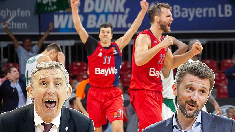 Müssen in ihrem ersten Euroleague-Auswärtsspiel beim FC Barcelona und Coach Svetislav Pesic (l.) antreten: Bayerns Basketballer um Lucic (2. v.l) und Barthel mit Sportdirektor Marko Pesic.