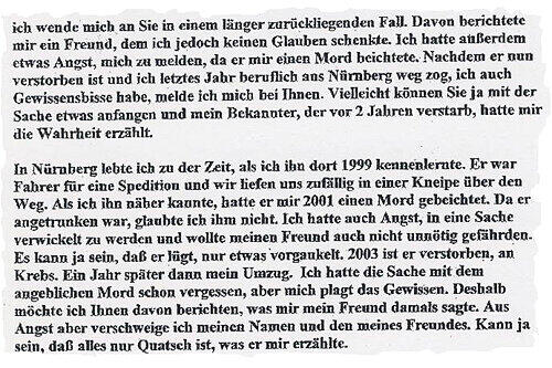 Dieser mit einem Computer geschriebene Brief des Serienmörders traf 2005 bei der Nürnberger Polizei ein.