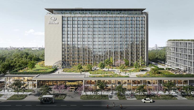 Ein Stockwerk höher: Visualisierung des sanierten Hilton-Hotels im neuen "Eisbachviertel".