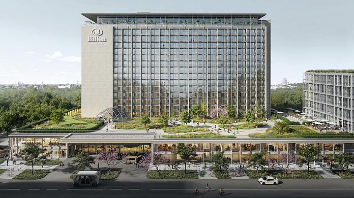 Ein Stockwerk höher: Visualisierung des sanierten Hilton-Hotels im neuen "Eisbachviertel".
