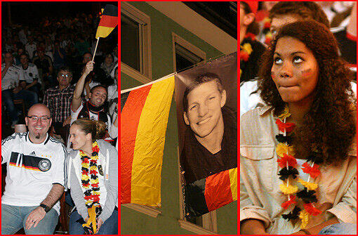 Public Viewing am Nockherberg und in dwer Kultfabrik, Basti Schweinsteiger hängt im Foto quer über die Reichenbachssraße, die Bilder vom Fußball-Wahnsinn aus München.