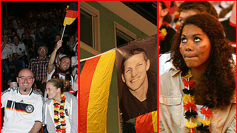 Public Viewing am Nockherberg und in dwer Kultfabrik, Basti Schweinsteiger hängt im Foto quer über die Reichenbachssraße, die Bilder vom Fußball-Wahnsinn aus München.