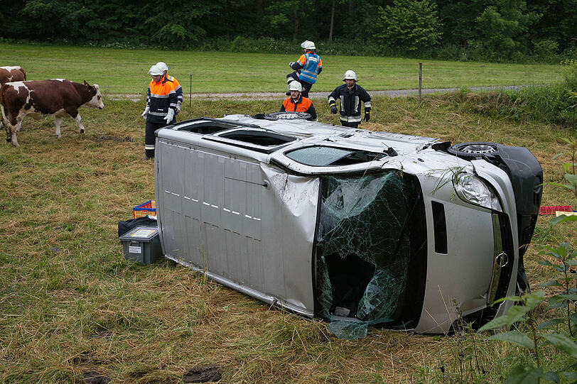 Der Transporter landete auf einer Kuhweide. Die Insassen wurden leicht verletzt. Vom Unfallverursacher fehlt jede Spur.