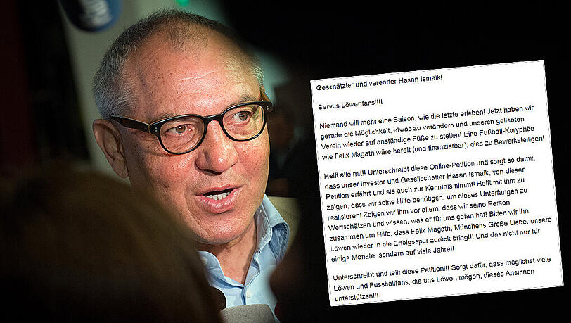 Pro-Magath-Petition an Investor Hasan Ismaik: Ein Löwen-Fan versucht, dem Gesellschafter die Meinung vieler 1860-Anhänger näher zu bringen. Pro-Magath-Petition an Investor Hasan Ismaik: Ein Löwen-Fan versucht, dem Gesellschafter die Meinung vieler 1860-Anhänger näher zu bringen.