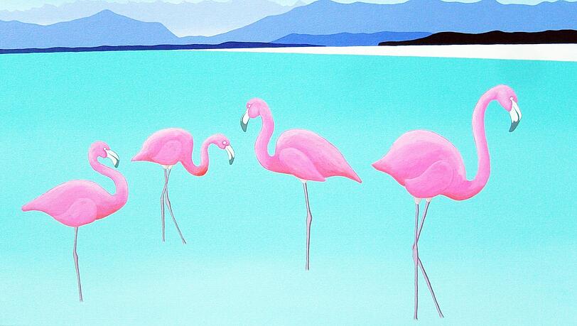 Dieses Acrylbild von Patricia London Ante Paris mit Flamingos im Starnberger See und einem exakten Voralpenpanorama mit Jochberg, Herzogstand, Heimgarten (von links) und dem Karwendel im Hintergrund kostet 2.800 Euro, dabei ist der Rabatt aber schon abgezogen.