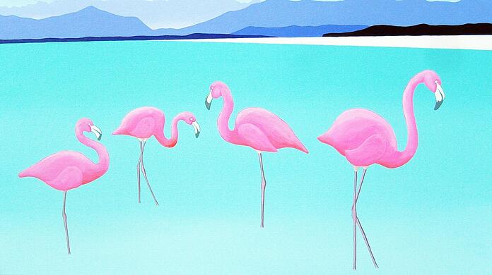 Dieses Acrylbild von Patricia London Ante Paris mit Flamingos im Starnberger See und einem exakten Voralpenpanorama mit Jochberg, Herzogstand, Heimgarten (von links) und dem Karwendel im Hintergrund kostet 2.800 Euro, dabei ist der Rabatt aber schon abgezogen.