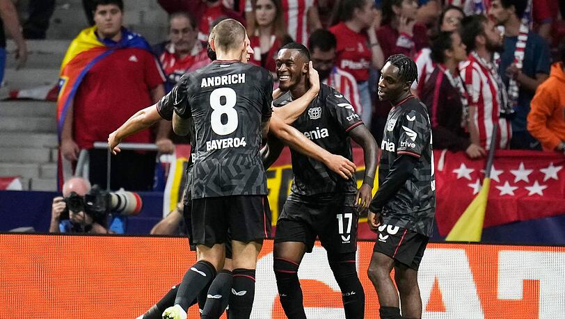 Die Spieler von Bayer Leverkusen feiern das Tor von Callum Hudson-Odoi (M) gegen Atlético.