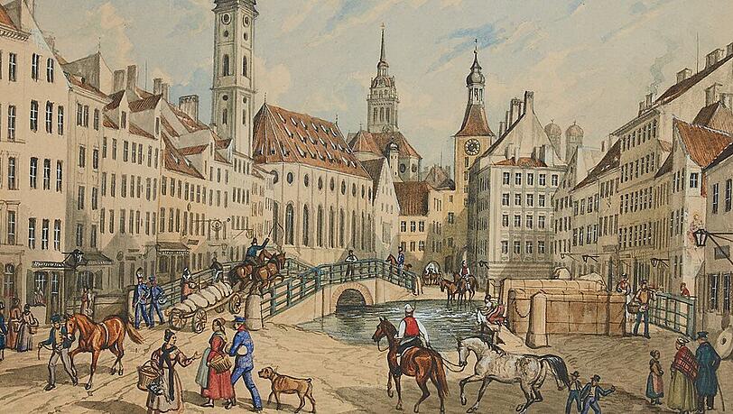 Tier und Mensch teilen sich den Weg: Eingefangen hat „Das Tal mit der Hochbrücke und Roßschwemme in München“ der Maler Gustav Kraus im Jahr 1883. Tier und Mensch teilen sich den Weg: Eingefangen hat „Das Tal mit der Hochbrücke und Roßschwemme in München“ der Maler Gustav Kraus im Jahr 1883.