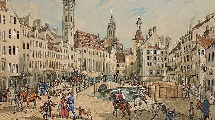Tier und Mensch teilen sich den Weg: Eingefangen hat &bdquo;Das Tal mit der Hochbrücke und Roßschwemme in München&ldquo; der Maler Gustav Kraus im Jahr 1883.
