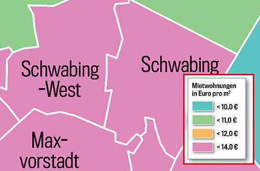 So teuer ist Wohnen in München! Die Münchner Stadtviertel sind in dieser Grafik je nach Quadratmeterpreis eingefärbt. Klicken Sie einfach durch die Quartiere.