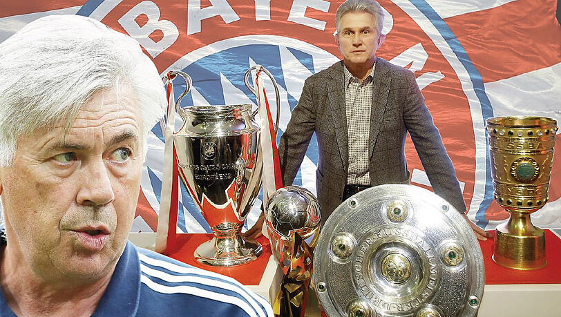 Für Trainer Carlo Ancelotti (l.) geht es in seine zweite Saison bei den Bayern. Es ist eine richtungsweisende Spielzeit, Jupp Heynckes (r.) holte im zweiten Jahr in München das Triple.
