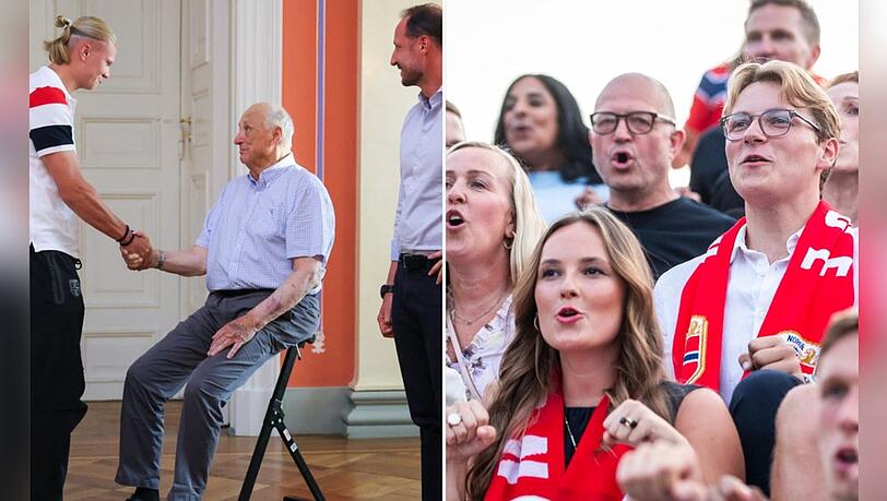 König Harald empfing die Mannschaft um Erling Haaland (l.), Ingrid Alexandra und Sverre Magnus mischten sich zum Rudern unter das norwegische Team. König Harald empfing die Mannschaft um Erling Haaland (l.), Ingrid Alexandra und Sverre Magnus mischten sich zum Rudern unter das norwegische Team.