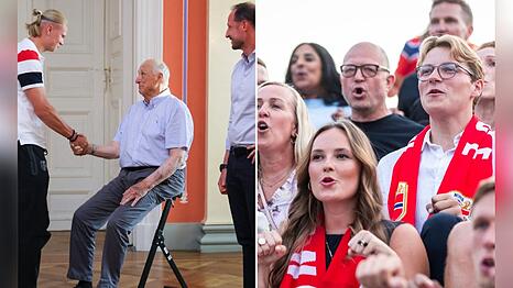K&ouml;nig Harald empfing die Mannschaft um Erling Haaland (l.), Ingrid Alexandra und Sverre Magnus mischten sich zum Rudern unter das norwegische Team.