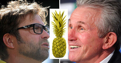 Die Trainer: Jürgen Klopp und Jupp Heynckes - und dazwischen die goldene Ananas.