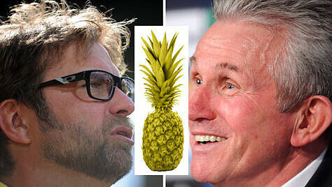 Die Trainer: Jürgen Klopp und Jupp Heynckes - und dazwischen die goldene Ananas.