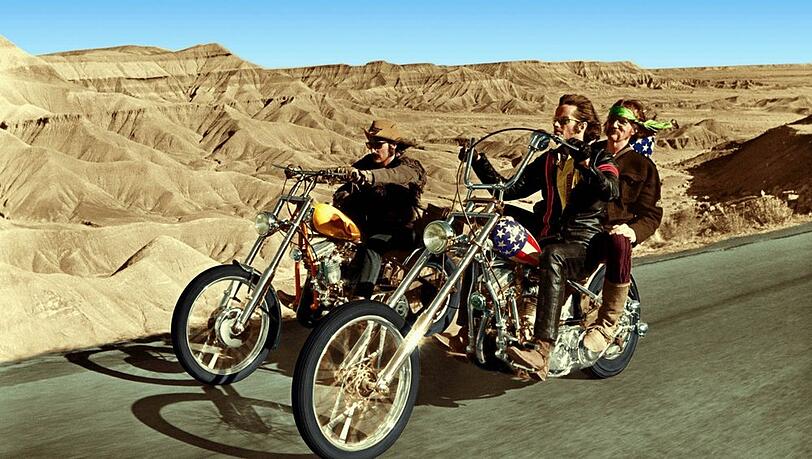 "Easy Rider" (1969) mit den Schauspielern Dennis Hopper, Peter Fonda und Luke Askew.