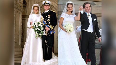 Der Adel setzte f&uuml;r gro&szlig;e Anl&auml;sse auf Valentino: M&aacute;xima (l.) heiratete 2002 ihren Willem-Alexander in Mikado-Seide, Prinzessin Madeleine strahlte 2013 neben ihrem Br&auml;utigam Christopher O'Neill in Chantilly-Spitze.