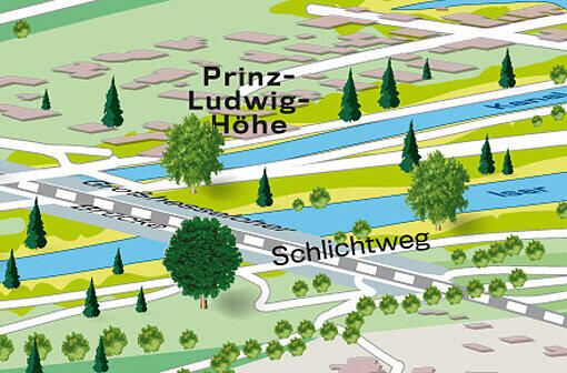 Nördlich der Grosshesseloher Brücke: Links der Isar startet die Prinz-Ludwig-Höhe, rechts der Isar beginnt die Menterschwaige.