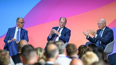 Merz diskutiert auf dem Wirtschaftsforum.