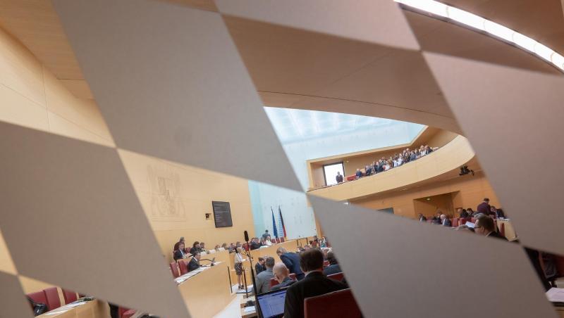 Ein Rautenmuster ziert die Glastür zum Plenarsaal, aufgenommen während einer Sitzung des bayerischen Landtags. Foto: Peter Kneffel Ein Rautenmuster ziert die Glastür zum Plenarsaal, aufgenommen während einer Sitzung des bayerischen Landtags. Foto: Peter Kneffel