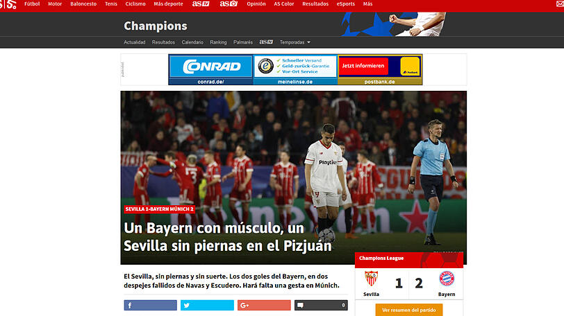 Spaniens Sportzeitung AS: Bayern mit Mukeln, Sevilla ohne Beine - und ohne Glück. Die zwei Bayern-Treffer fielen durch Eigentore.