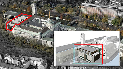 Die Dachterrasse aus der Luftansicht: Über der Luft- und Raumfahrtausstellung könnte hier bald mit Blick auf die Isar gespeist werden &ndash; und das nicht nur mit Museumseintrittskarte.