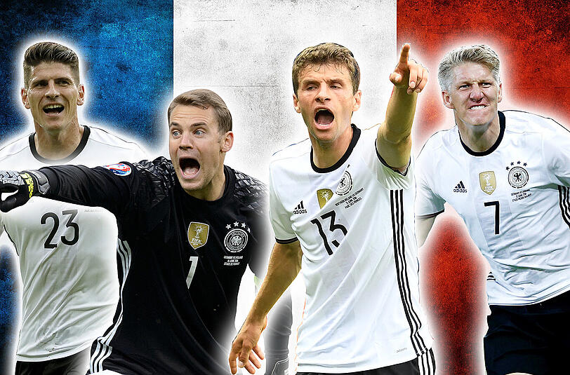 Peilen den EM-Titel in Frankreich an (v.l.): Die DFB-Nationalspieler Mario Gomez, Bastian Schweinsteiger, Manuel Neuer und Thomas Müller.